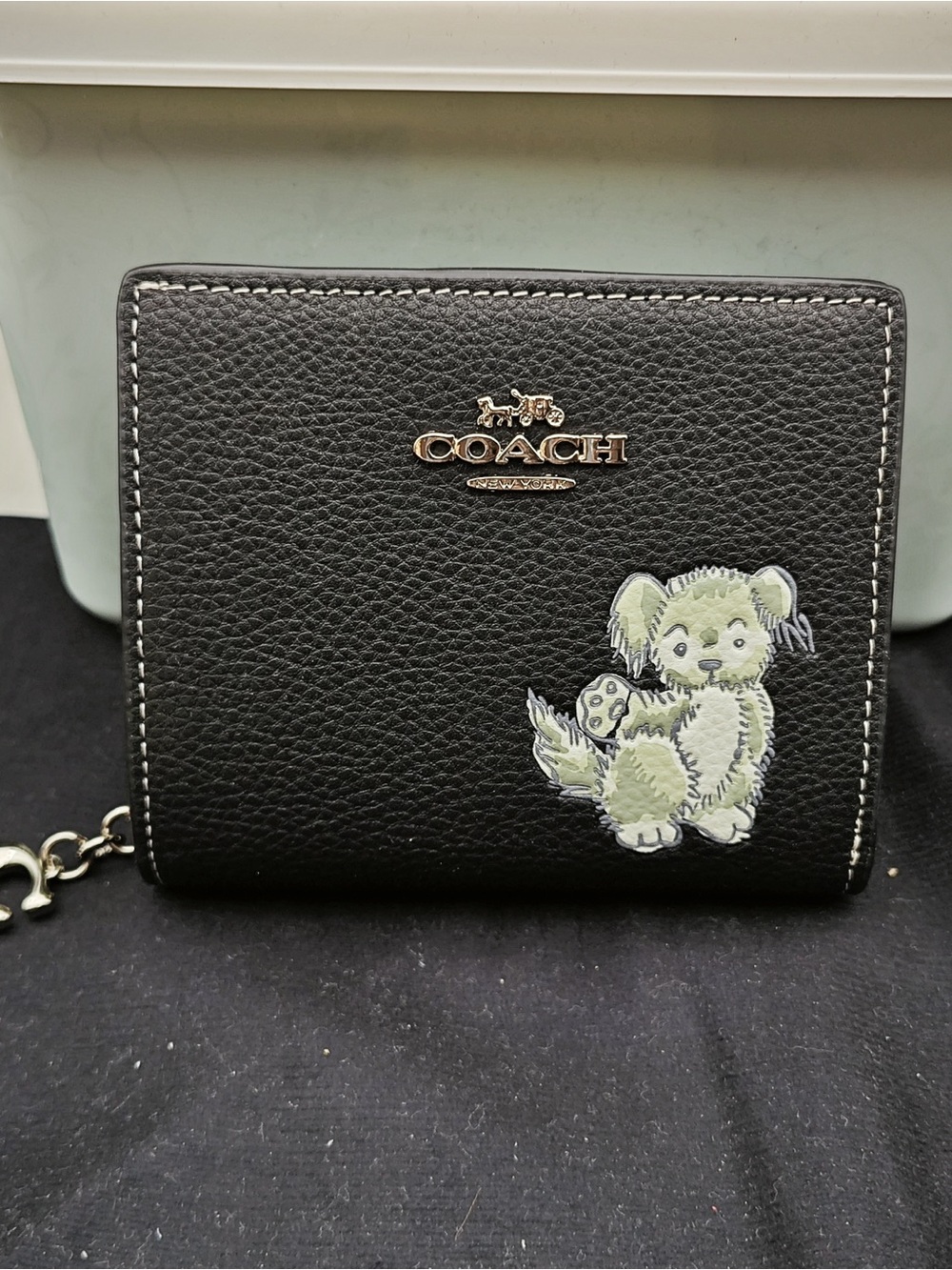 Coach Black Pebbled Leather Card Holder with Puppy Patch